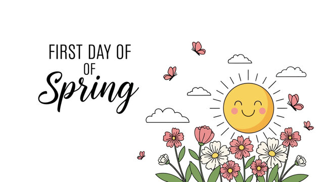Illustration of a smiling sun surrounded by blooming flowers on the first day of spring with a springtime concept background.