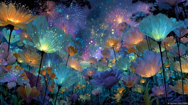 Ethereal garden of luminous flowers illuminated by vibrant night sky fireworks, and sparkling lights. 