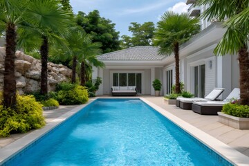 Fototapeta premium Luxurious tropical villa with private swimming pool and palm garden