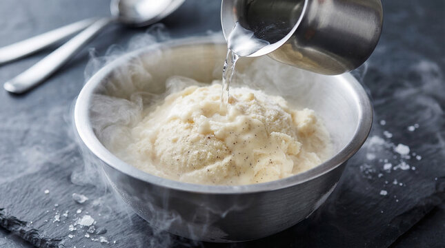 Macro photo of liquid nitrogen being poured over an ice cream base in a steel bowl, no faces, no text, molecular gastronomy dessert concept for innovative brand or culinary editorial, commercial use