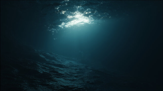 the deepest part of an ocean trench, near total darkness, faint bioluminescent glow in the abyss, overwhelming sense of scale and depth, realistic deep-sea environment, cinematic minimal lighting.