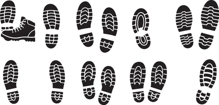Collection of various shoe and boot footprints in black