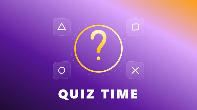 Animated quiz time graphic with a central question mark and interactive geometric symbols on a vibrant colorful gradient background, ideal for