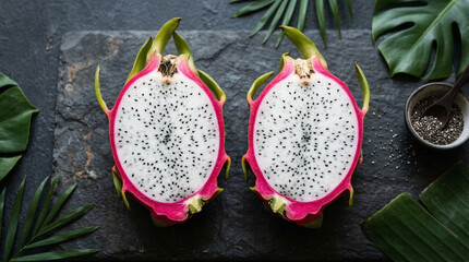 Top view of dragon fruit cut in half with white flesh and black seeds on dark surface, no faces, no text, exotic tropical concept for health brand or culinary editorial, commercial use