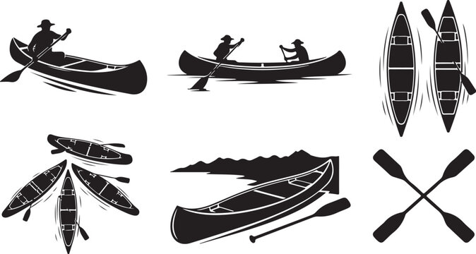 Kayak and canoe silhouettes with paddles on white background
