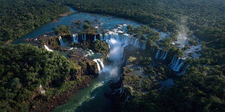 Iguazu falls aerial view powerful cascading water
