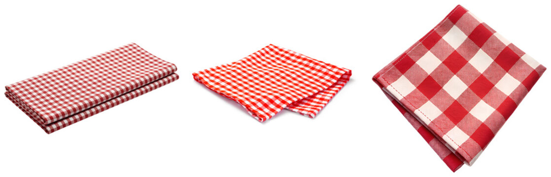 Photograph of three red and white gingham checkered cloth napkins, folded, isolated on transparent background.