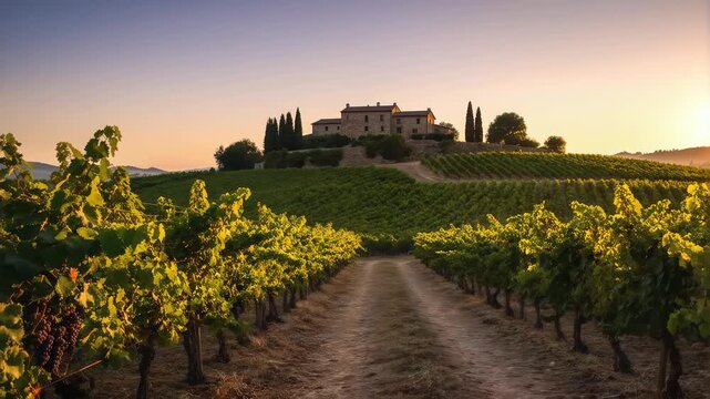 Vibrant ripe grapes hanging from the vine with lush green leaves illuminate softly at sunset overlooking a beautiful Tuscan vineyard estate panorama.
