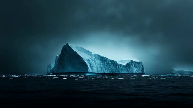 Majestic iceberg floating in dark, moody waters