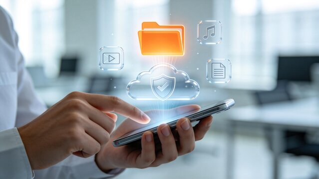 Businesswoman using smartphone with cloud storage interface,secure file management and data protection concept for mobile technology,cyber security and digital backup solution