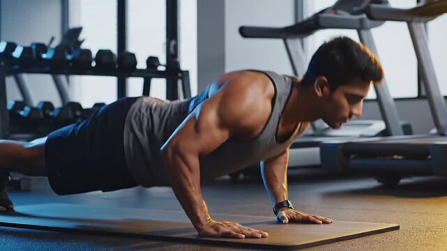 Fit man doing pushups on yoga mat in gym with equipment.