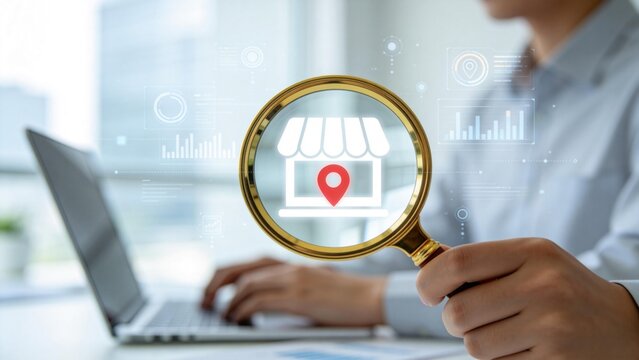 Business analyst researching local market opportunities with magnifying glass icon,store location search and retail performance data analysis concept