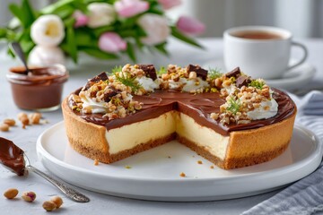 Cheesecake with chocolate ganache, nuts, and whipped cream