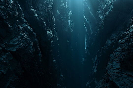 top-down view of a deep sea trench, endless dark chasm beneath the ocean surface, dramatic scale comparison, subtle light falloff into the abyss, realistic water physics, deep sea realism.
