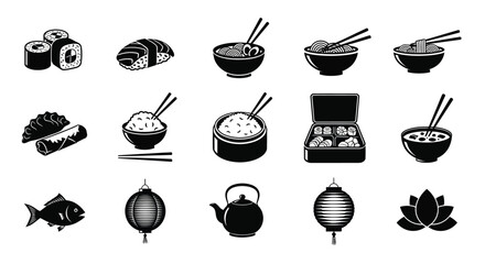 Various sushi and japanese food icons with chopsticks and tea on a white background © SingaGPS