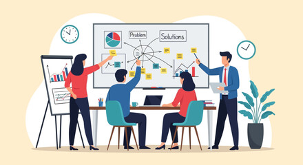 Fototapeta premium Corporate team brainstorming session with four professionals collaborating on a whiteboard featuring charts, diagrams, and sticky notes to find solutions for business problems.