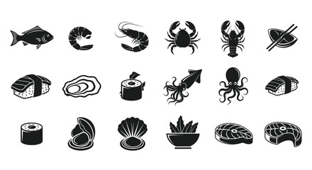 Variety of sushi and seafood icons including fish sushi rolls shrimp lobster and octopus on white background © SingaGPS