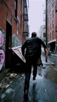 Man running through graffiti alley, leather jacket and messenger bag suggest courier identity, sudden shift into fugitive fleeing pursuit, handheld camera blurs motion