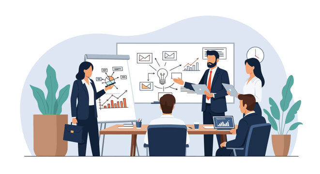 Flat vector illustration of a professional business team conducting a corporate strategy meeting, presenting data charts and a lightbulb innovation idea on whiteboards in an office.