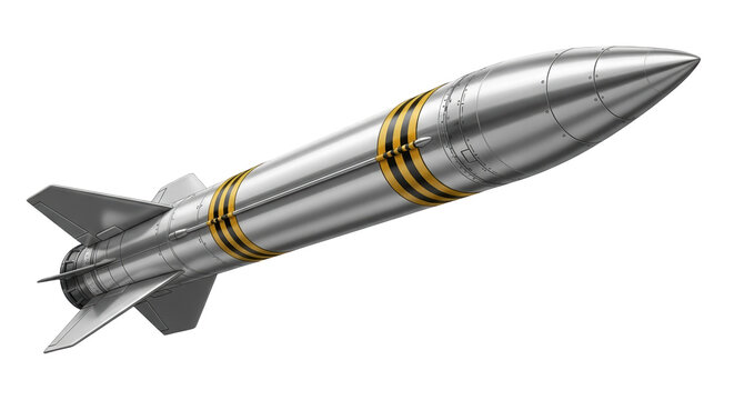 A sleek silver rocket with yellow stripes soars through space on transparent background