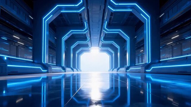 Futuristic corridor with glowing blue lights