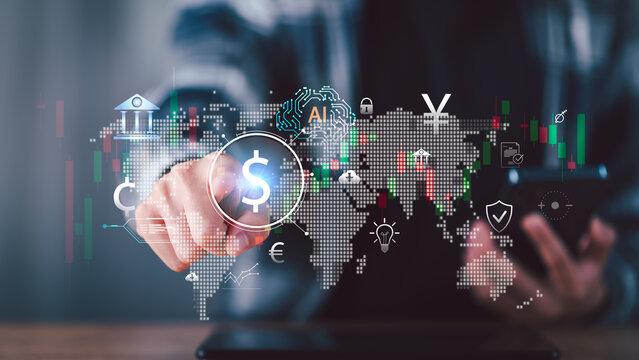 Financial consultant leveraging AI-powered fintech platform with global market data, currency exchange icons, trading indicators, secure investment, online financial strategy, verification checkmark