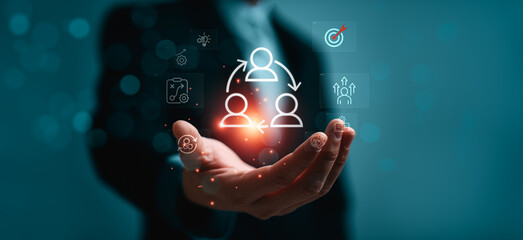 Fototapeta na wymiar Change management strategy concept with business professional presenting digital team interface, organizational transformation process, leadership alignment and workforce transition planning