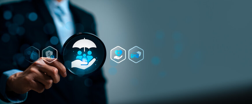 Insurance protection and risk management concept with business professional analyzing family security coverage through digital interface, financial protection planning and safety assurance strategy