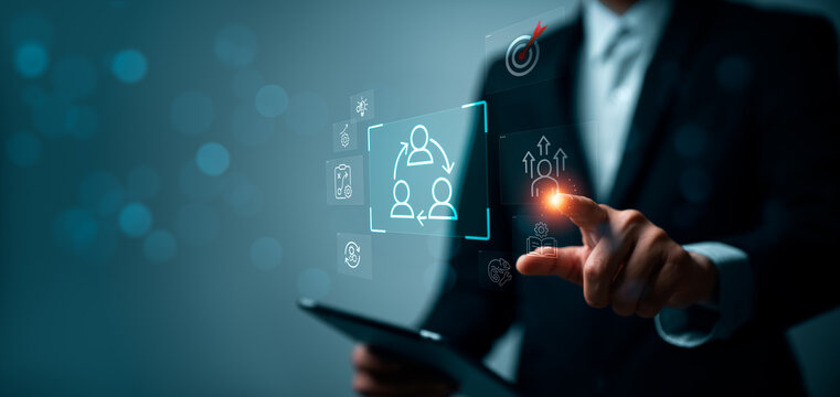 Business professional implementing change management strategy through digital interface, organizational transformation planning, workforce transition and leadership adaptation concept