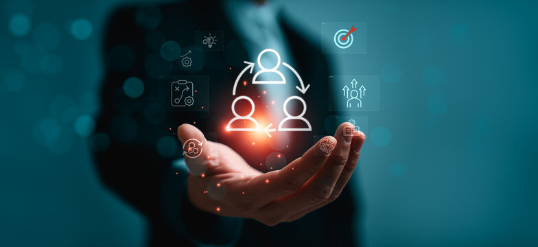 Change management strategy concept with business professional presenting digital team interface, organizational transformation process, leadership alignment and workforce transition planning