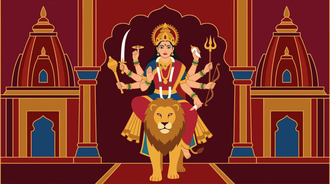 Colourful Vector Illustration Of Hindu Goddess Tulja Bhavani Riding A Lion With Temple Background Eight Arms Holding Weapons For Navratri Dussehra Festival Poster Banner Background
