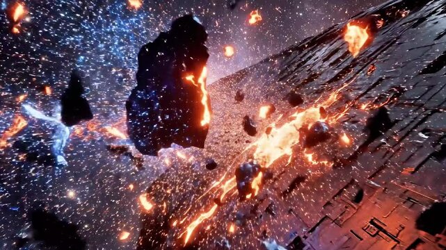 A spaceship's hull is breached, with flames and debris erupting into space