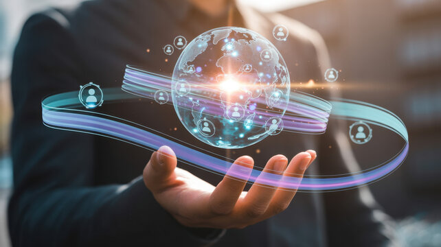 Human resources technology concept showing global workforce connection, digital talent management, HR analytics, people data integration supporting modern recruitment and strategic decision making.