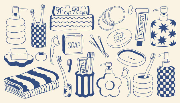 Hand drawn bathroom collection in Mediterranean style. Soap, toothbrush, toothpaste, dispenser and towels. Minimal blue line vector set for hygiene, skincare branding, packaging and lifestyle design