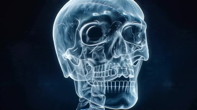 Detailed X-ray visualization of a human skull and upper skeletal structure, showcasing intricate bone anatomy in a modern medical diagnostic style