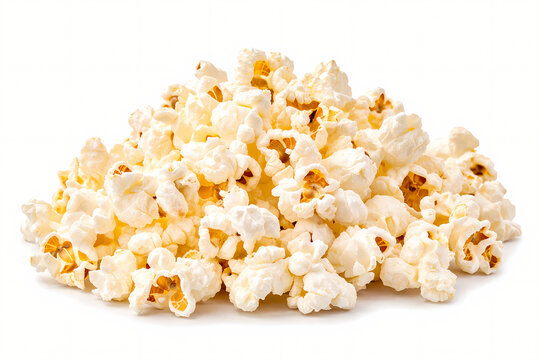Close-up of a delicious heap of crispy, golden popcorn isolated on a white background, perfect for snack food advertisements and packaging