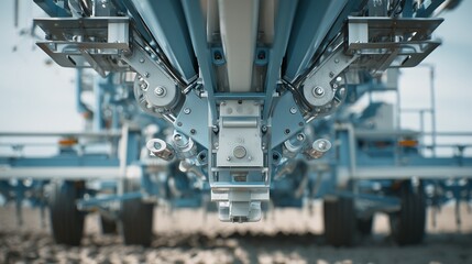 Mechanical parts of farming equipment are visible in focus on a sandy field during a sunny day in early summer
