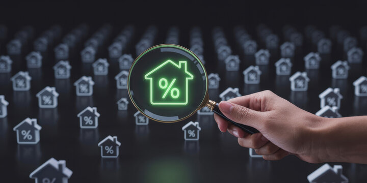 Real estate analysts examine digital house icon percentage symbol through magnifying glass, representing mortgage rate analysis, property valuation, housing market trends, financial risk assessment.