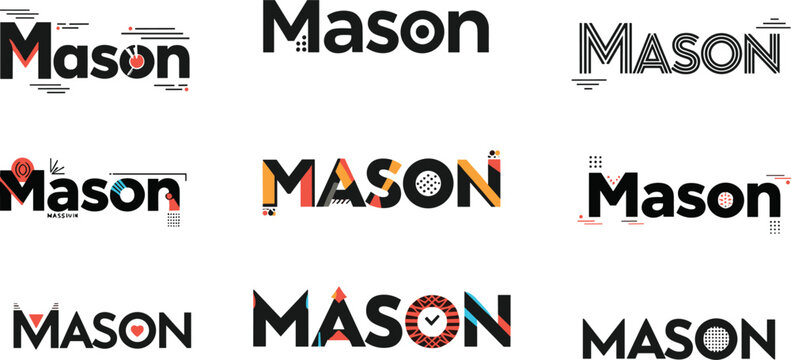 Creative Mason wordmark logo set featuring various typographic styles, geometric patterns, bold lettering, and abstract branding elements for modern corporate identity and design.