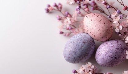 Obraz premium Pastel Easter Eggs with Delicate Pink Blossoms on White Background - Springtime Still Life.