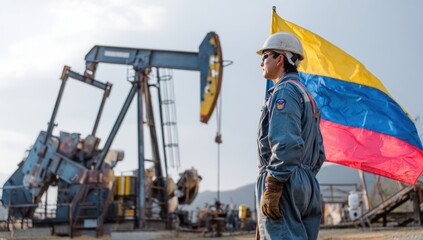 Fototapeta premium A man in a hard hat stands proudly with a Venezuelan flag near an oil rig, symbolizing the connection between industry and national identity.