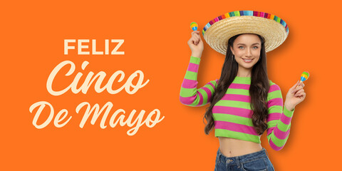 Obraz premium Cinco de Mayo, Young woman in sombrero, celebrating with maracas