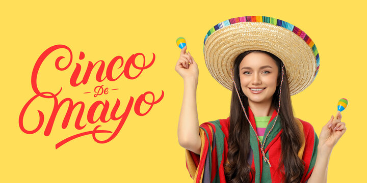 Cinco de Mayo, Young woman with sombrero and maracas celebrates