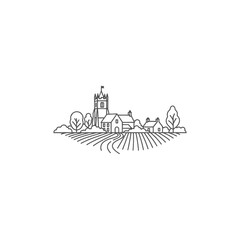 Obraz premium Minimalist Village Landscape Line Art vector illustration