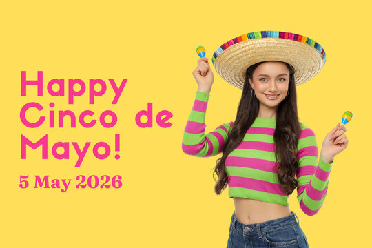 Cinco de Mayo, Young woman in sombrero shakes maracas