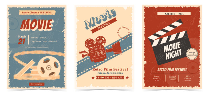 Cinema. A set of three vintage film festival posters featuring an old movie projector, film reel, and clapperboard. Retro flyer design for a movie night. Traditional entertainment event promotion card
