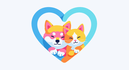 Obraz premium Cute Dog and Cat Hugging Inside Heart Symbol Pet Love Illustration