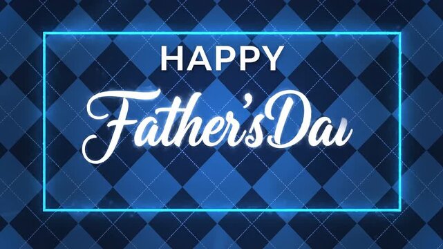 Happy text within glowing blue frame on argyle background, 4K, Slow Motion