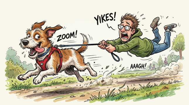 Funny Cartoon Dog Pulling Owner on Leash Chaotic Dog Walk Illustration
