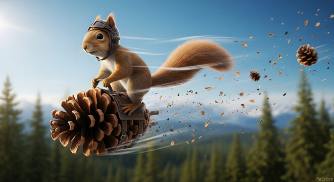 Adventurous crazy squirrel cartoon pilot riding a pinecone rocket